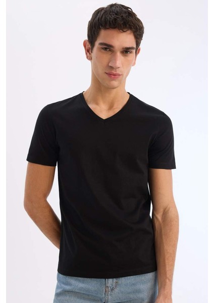 Yeni Sezon %100 Pamuk Slim Fit Dar Kesim V Yaka Basic Düz Kısa Kollu Tişört modelleri