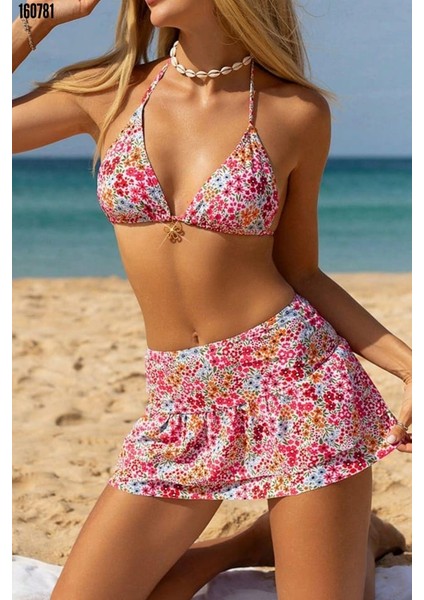 Pembe Çiçek Desenli Etekli 3 Parça Bikini Takımı -Son Görsel Hediyemizdir.