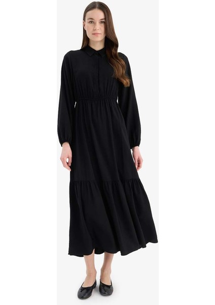 Yeni Sezon gömlek Yaka Basic Düz Düğmeli Beli Büzgülü Uzun Kollu Maxi Elbise