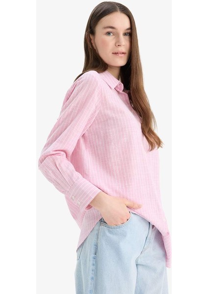 Yeni Sezon Regular Fit Çizgili Flamlı Pamuk Uzun Kollu Gömlek Tunik