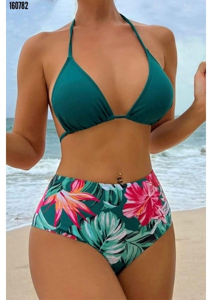 Çok Renkli Tropikal Baskılı 3 Parça Bikini Takımı-Son Görsel Hediyemizdir.