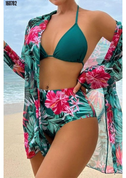 Çok Renkli Tropikal Baskılı 3 Parça Bikini Takımı-Son Görsel Hediyemizdir.