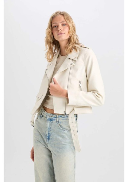 Yeni Sezon Su Itici Crop Biker Ceket Suni Deri Kruvaze Yaka Fermuarlı Cepli Kemerli Mevsimlik