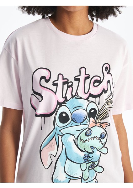 Yeni Sezon Bisiklet Yaka Lilo & Stitch Baskili Kadin Tisort - S4N309Z8