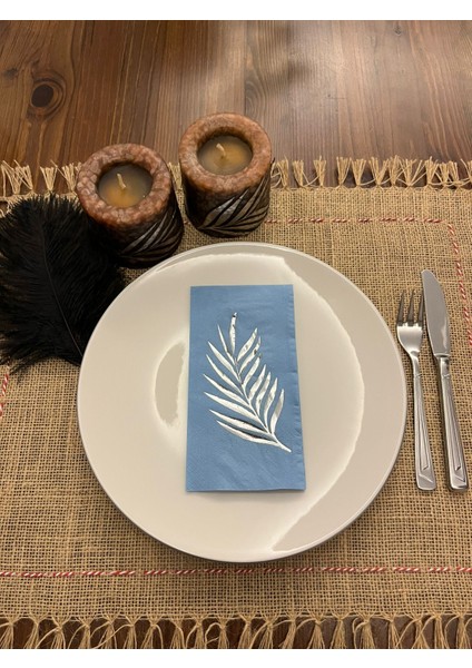 Gümüş Yaldızlı Mavi Yaprak Desenli Peçete 16 Adet