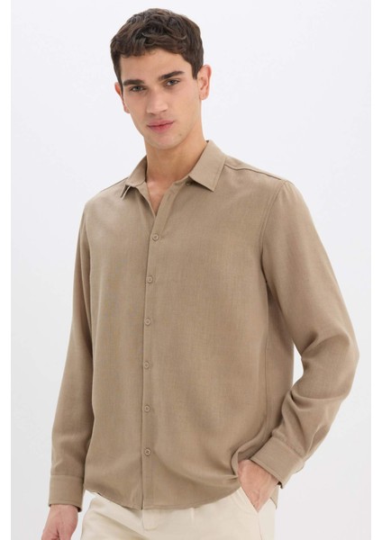 Regular Fit Polo Yaka Keten Görünümlü Uzun Kollu Gömlek E1204AX25SM