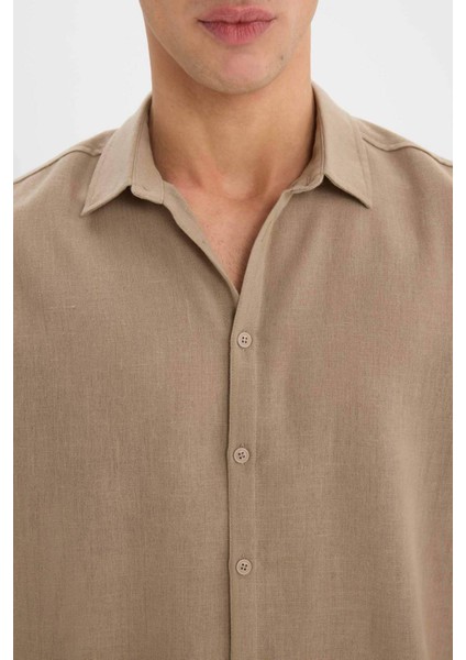 Regular Fit Polo Yaka Keten Görünümlü Uzun Kollu Gömlek E1204AX25SM fırsatları