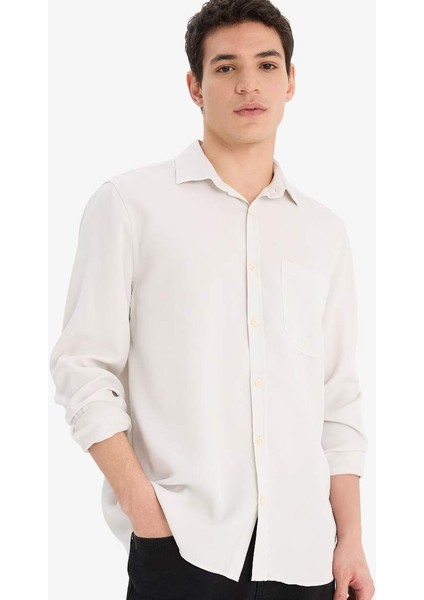Yeni Sezon Regular Fit Basic Düz Tensel Uzun Kollu Gömlek