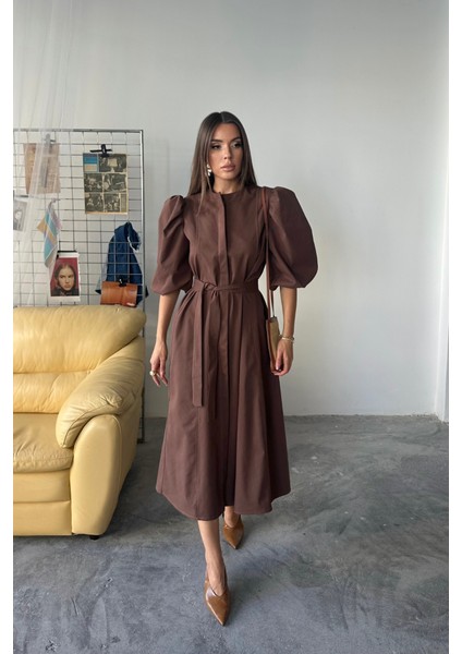Tencel Karpuz Kol Elbise - Kahverengi