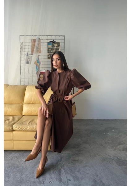 Tencel Karpuz Kol Elbise - Kahverengi