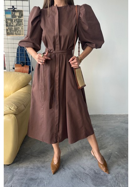 Tencel Karpuz Kol Elbise - Kahverengi