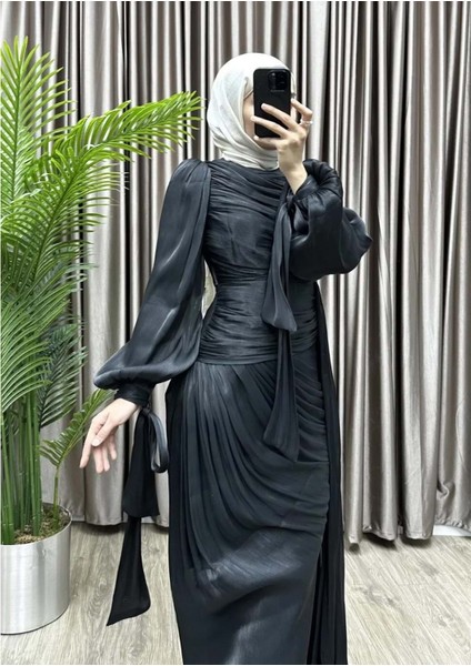 25Y4849 Abiye Janjan Kumaş Ön Dropeli Yan Parçalı - Duman - 25Y4849 - Siyah - 38
