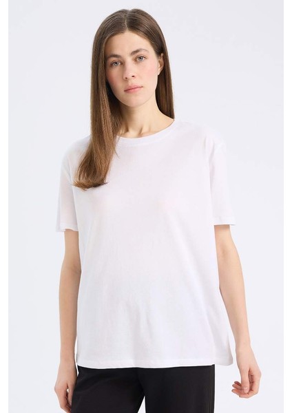 Regular Fit Bisiklet Yaka Basic Düz Penye Kısa Kollu Beyaz Tişört W9584AZ25SP