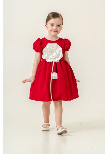 Robalı Gül Desenli Kız Çocuk Kısa kol elbise - Kırmızı
