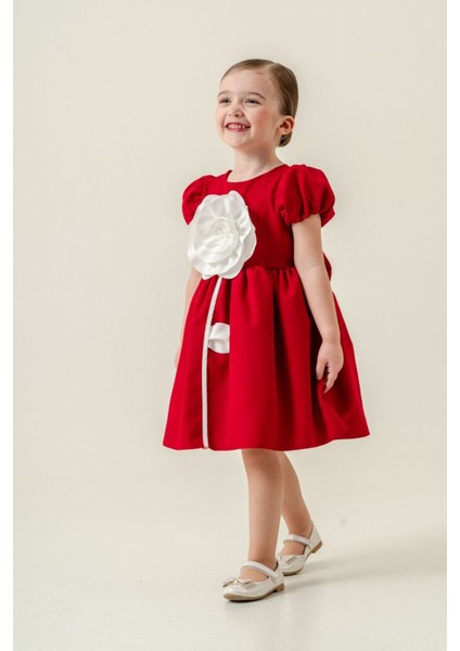 Robalı Gül Desenli Kız Çocuk Kısa kol elbise - Kırmızı fiyatları