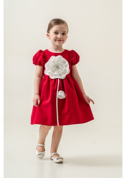 Robalı Gül Desenli Kız Çocuk Kısa kol elbise - Kırmızı indirimleri