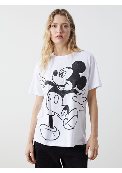 Yeni Sezon Bisiklet Yaka Mickey Mouse Baskili Kadin Tisort - S5GV95Z8