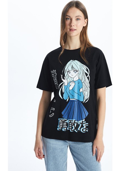 Yeni Sezon Bisiklet Yaka Anime Baskili Kadin Tisort - S5GP28Z8