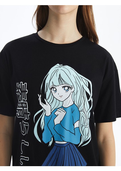 Yeni Sezon Bisiklet Yaka Anime Baskili Kadin Tisort - S5GP28Z8 modelleri