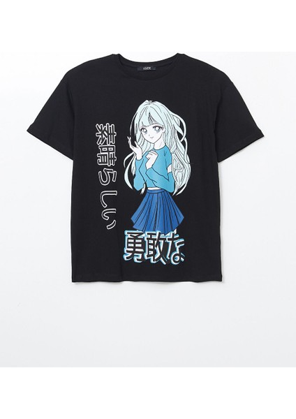 Yeni Sezon Bisiklet Yaka Anime Baskili Kadin Tisort - S5GP28Z8 indirimleri