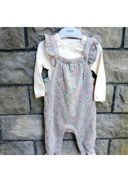 Fırfırlı Çiçek Desenli Bebek Tulum ve Uzun Kollu T-Shirt (6-9 Ay )