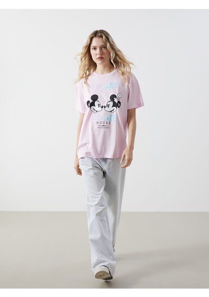 Yeni Sezon Bisiklet Yaka Mickey ve Minnie Mouse Baskili Kadin Tisort - S5GV64Z8