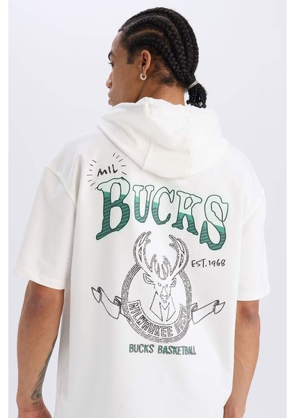 Yeni Sezon Defactofit Nba Milwaukee Bucks Oversize Geniş Kalıp Kapüşonlu Sırt Baskılı Kısa Kollu Tişört