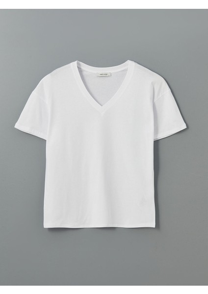 Yeni Sezon V Yaka Oversize Kadin Tisort - S5NK78Z8