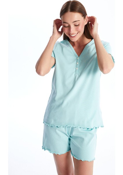 Yeni Sezon V Yaka Duz Kisa Kollu Kadin Sortlu Pijama Takimi - S4GH14Z8
