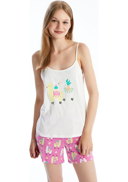 Yeni Sezon U Yaka Baskili Askili Kadin Sortlu Pijama Takimi - S4NP09Z8