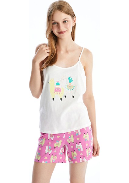 Yeni Sezon U Yaka Baskili Askili Kadin Sortlu Pijama Takimi - S4NP09Z8