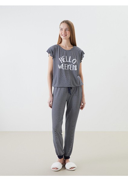Yeni Sezon Bisiklet Yaka Cizgili Kadin Pijama Takimi - S56966Z8