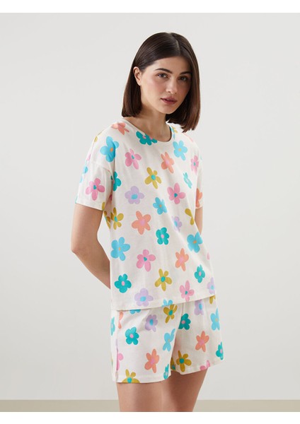 Yeni Sezon Bisiklet Yaka Cicekli Kadin Sortlu Pijama Takimi - S5CE39Z8