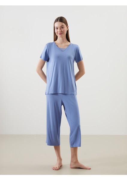 Yeni Sezon V Yaka Kadin Kaprili Pijama Takimi - S5CP55Z8
