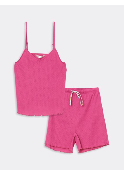 Yeni Sezon U Yaka Kendinden Desenli Askili Kadin Sortlu Pijama Takimi - S5EP85Z8