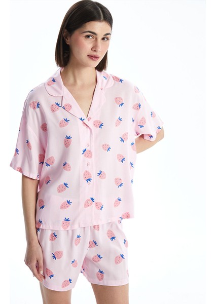 Yeni Sezon Gomlek Yaka Desenli Kadin Sortlu Pijama Takimi - S5CE42Z8