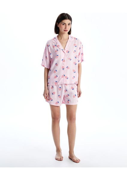 Yeni Sezon Gomlek Yaka Desenli Kadin Sortlu Pijama Takimi - S5CE42Z8