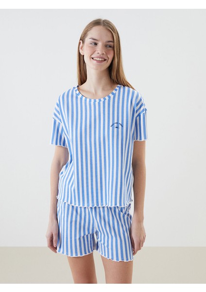 Yeni Sezon Bisiklet Yaka Cizgili Kadin Sortlu Pijama Takimi - S58077Z8