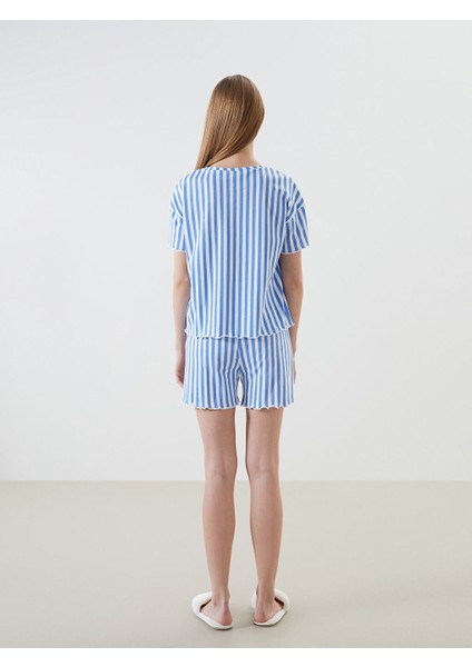 Yeni Sezon Bisiklet Yaka Cizgili Kadin Sortlu Pijama Takimi - S58077Z8