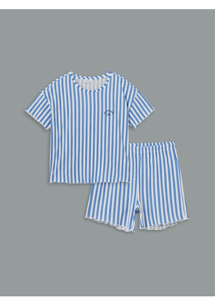 Yeni Sezon Bisiklet Yaka Cizgili Kadin Sortlu Pijama Takimi - S58077Z8