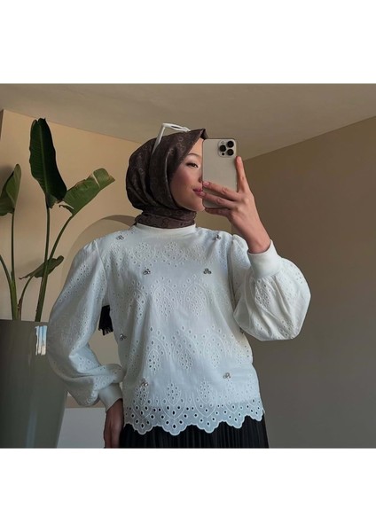 25Y5002 Bluz Fisto Kumaş Taşlı - Afra - 25Y5002 - Beyaz - 42