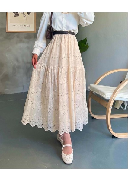 25Y1395 Etek Fisto Kumaş Inci Detay - Afra - 25Y1395 - Krem - 38