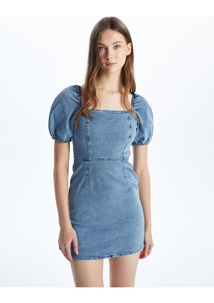 Yeni Sezon Kare Yaka Balon Kollu Kadin Jean Elbise - S53118Z8