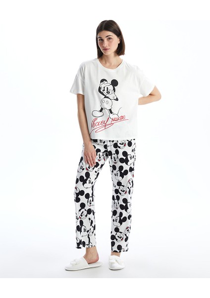 Yeni Sezon Bisiklet Yaka Mickey Mouse Baskili Kadin Pijama Takimi - S5CE65Z8