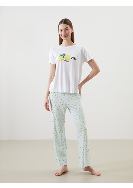 Yeni Sezon Bisiklet Yaka Baskili Kadin Pijama Takimi - S5EP13Z8