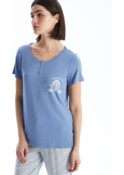 Yeni Sezon U Yaka Baskili Kadin Pijama Takimi - S5EE42Z8
