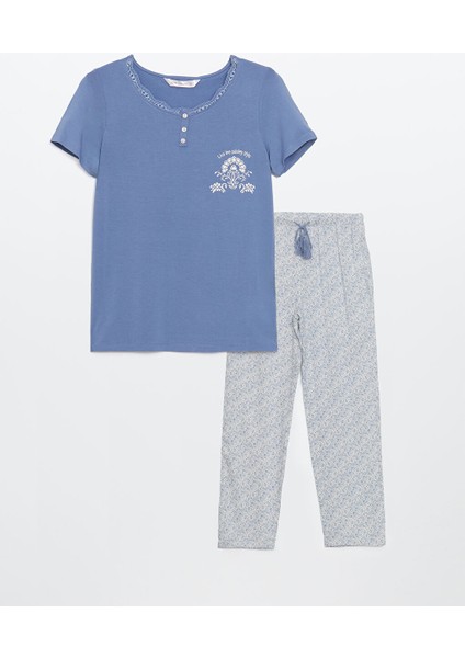 Yeni Sezon U Yaka Baskili Kadin Pijama Takimi - S5EE42Z8 indirimleri