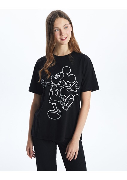 Yeni Sezon Bisiklet Yaka Mickey Mouse Baskili Kadin Tisort - S5GV73Z8