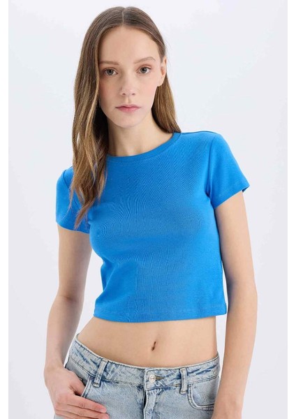 Yeni Sezon Coool Fitted Crop Basic Düz Ribana Kalın Kumaş Kısa Kollu Tişört