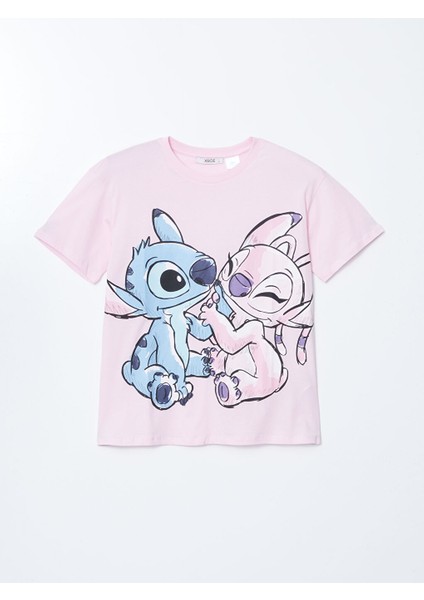 Yeni Sezon Bisiklet Yaka Lilo & Stitch Baskili Kadin Tisort - S5GV76Z8